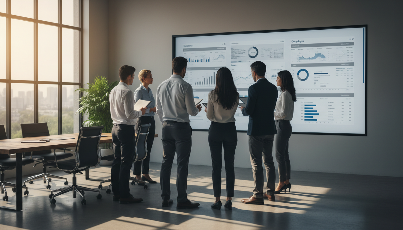 Team of professional auditors discussing data on a screen